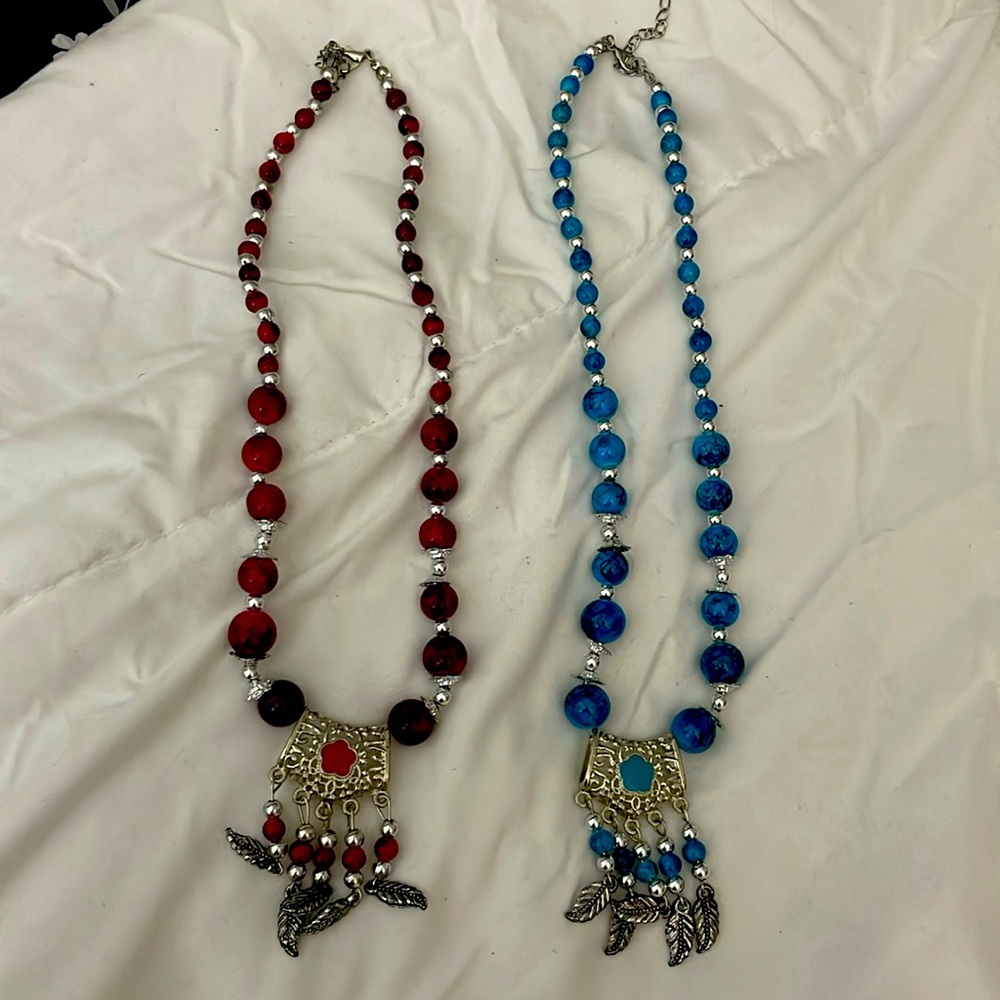 Two burgundy red and turquoise‎ blue Moroccan necklaces